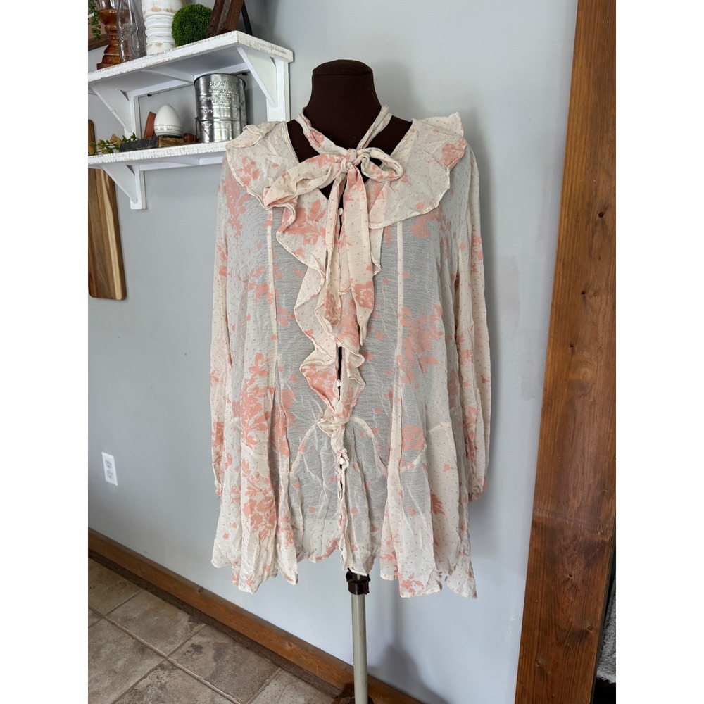 NWT Free People‎ Ivory Combo Floral Ruffle Tie Neck Sheer Tunic Top size small